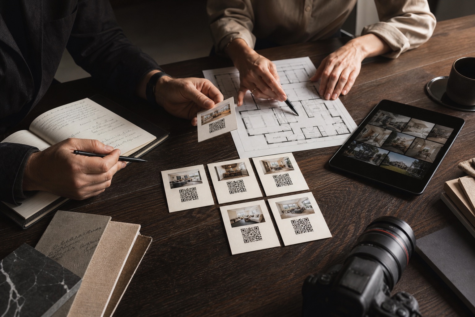 Overhead view of QR walkthrough cards, floor plan, notebook, tablet with property photos and a camera on a dark wood desk