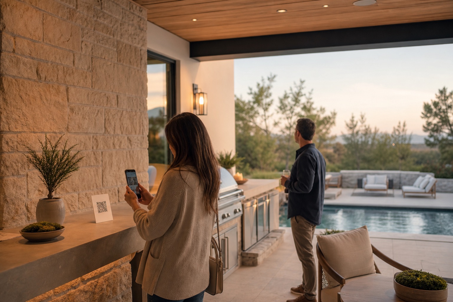 Buyer scanning a QR card at an outdoor kitchen at dusk, pool and landscape beyond
