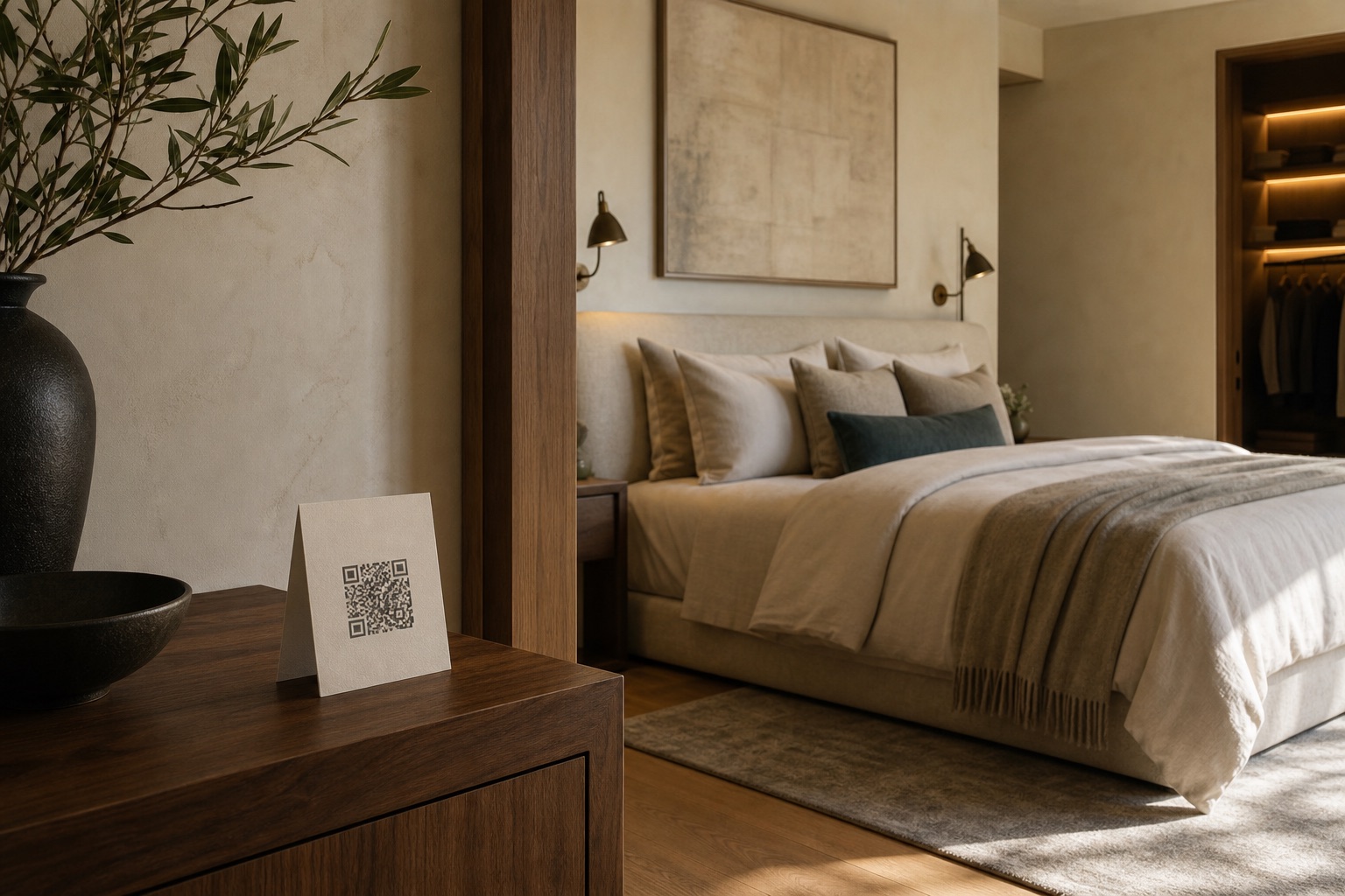 Primary suite with a QR walkthrough card on a walnut dresser beside a linen bed and warm wall sconces