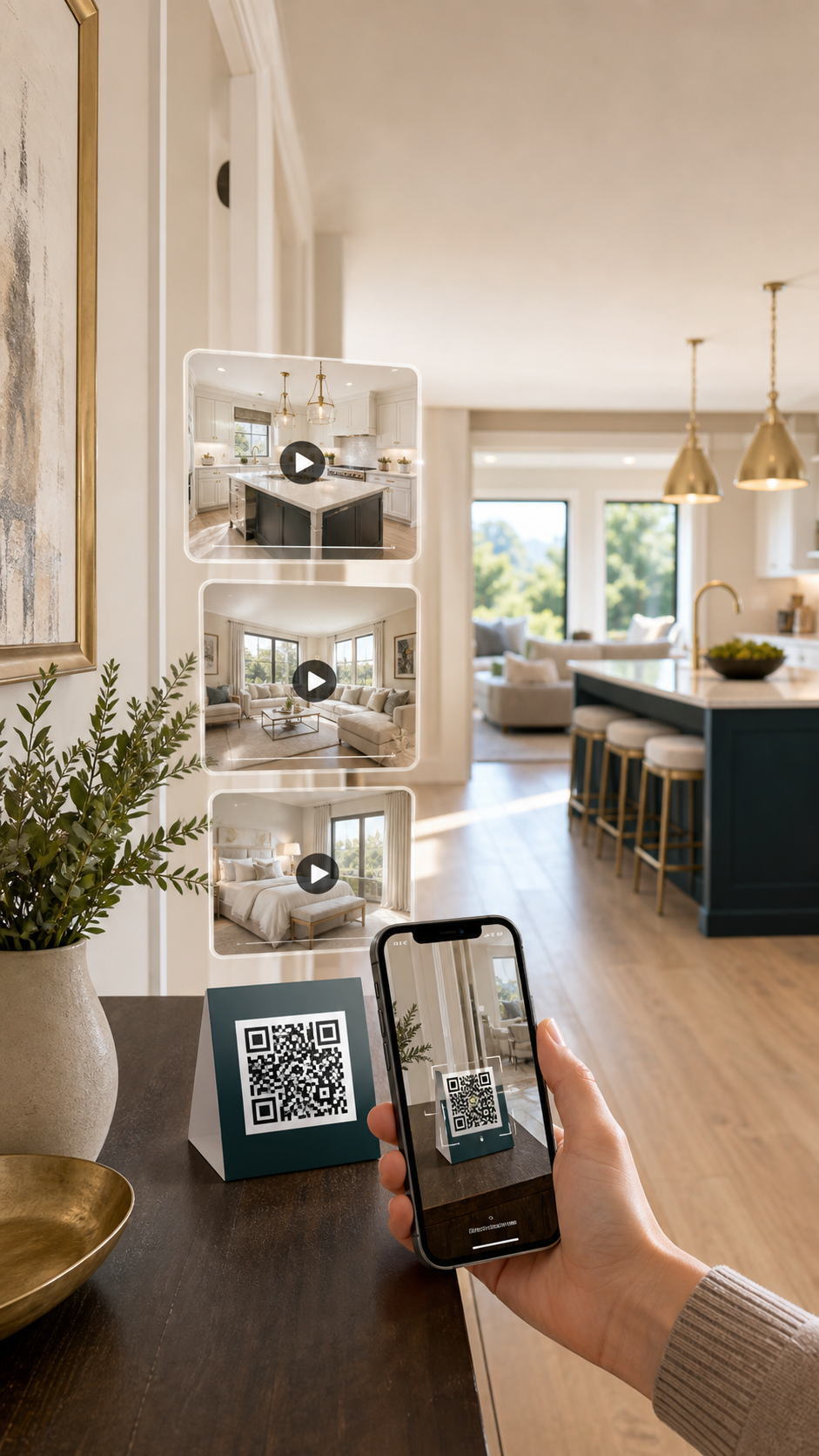 Phone scanning a QR card with a room walkthrough video playing