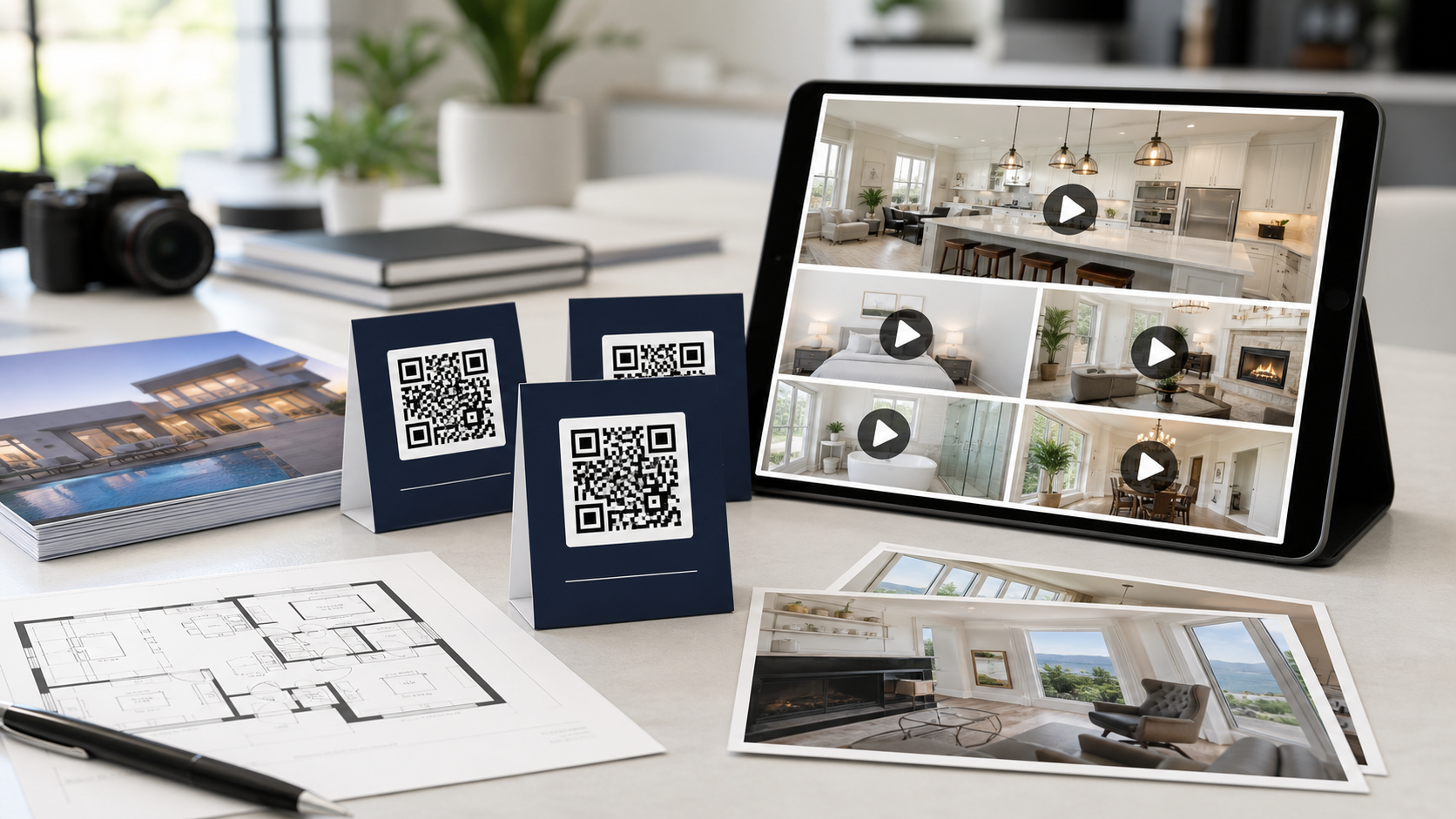 Agent's desk with QR cards, floor plan, and tablet showing property videos