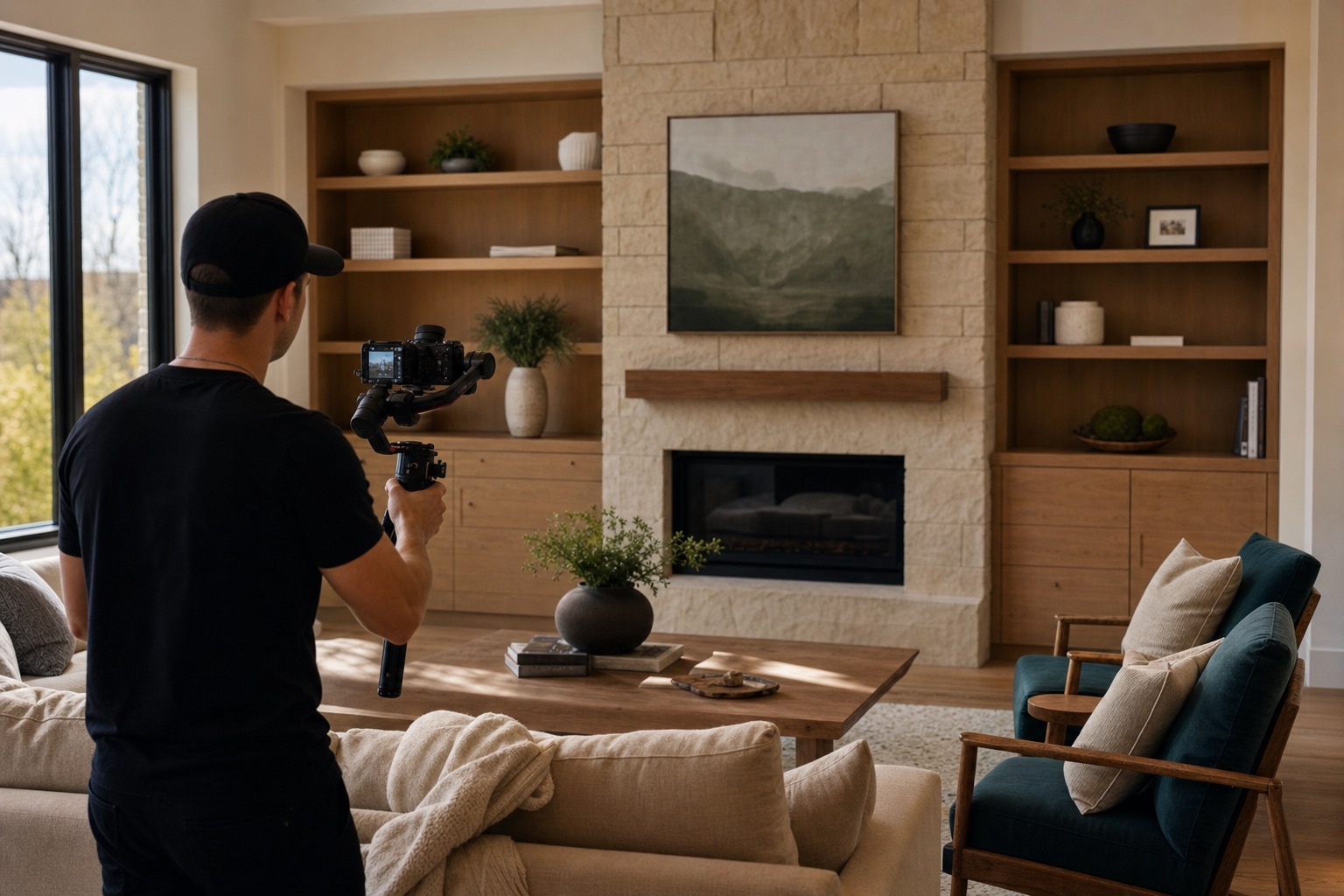 Videographer filming a room guide in a warm modern living room with stone fireplace and built-in shelves